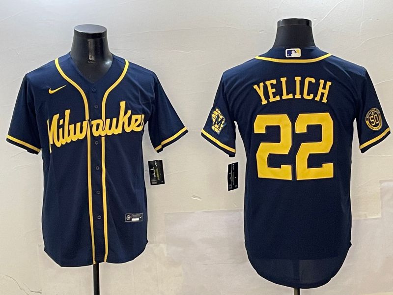 Men Milwaukee Brewers #22 Yelich Drak Blue Game 2025 Nike MLB Jersey style 0309